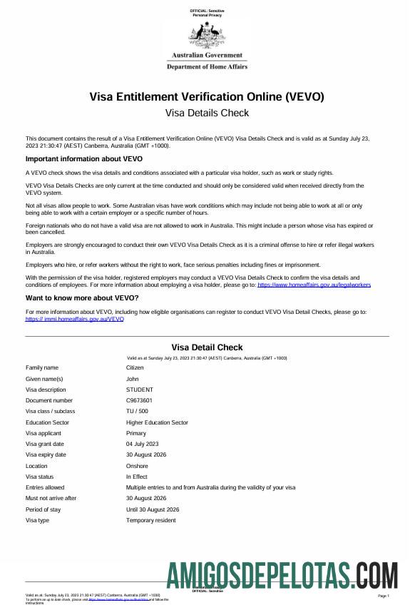 Certificado Online de Verificação de Direito de Visto da Austrália (VEVO) 1 (1) exemplo real